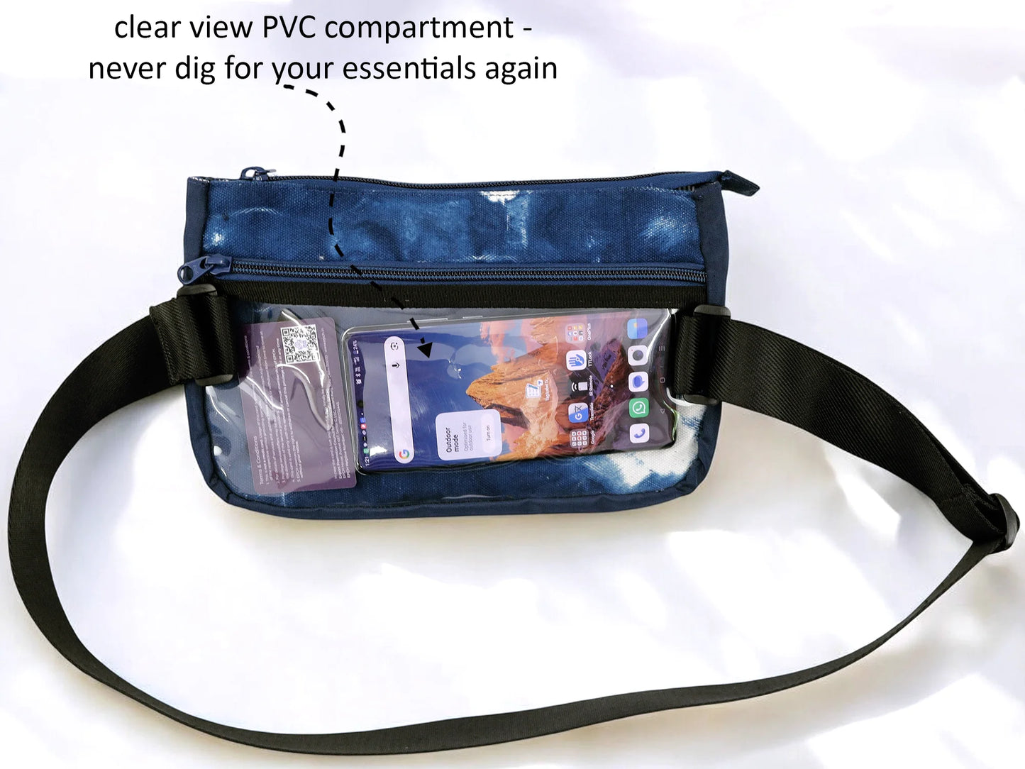 Indigo Chest Bag | Tie-Dye Cotton Canvas & Polyester | PVC Window Pocket with Quick-Access Compartments | Unisex Fanny Pack for Daily Use, Travel & Commute