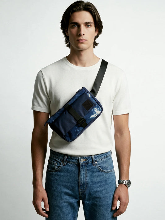 Indigo Chest Bag | Tie-Dye Cotton Canvas & Polyester | PVC Window Pocket with Quick-Access Compartments | Unisex Fanny Pack for Daily Use, Travel & Commute